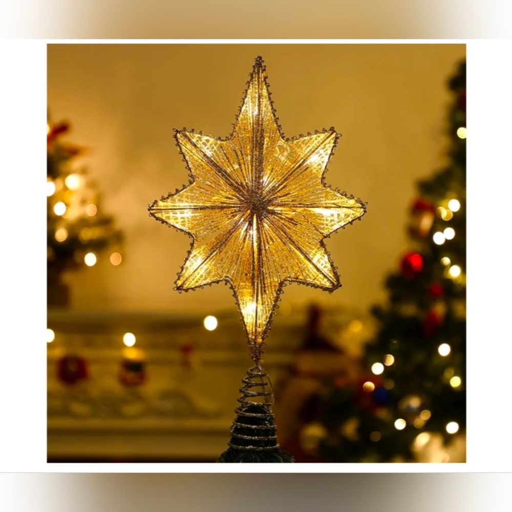 New 16.5" battery operated Bethlehem gold star tree topper with Springy Base